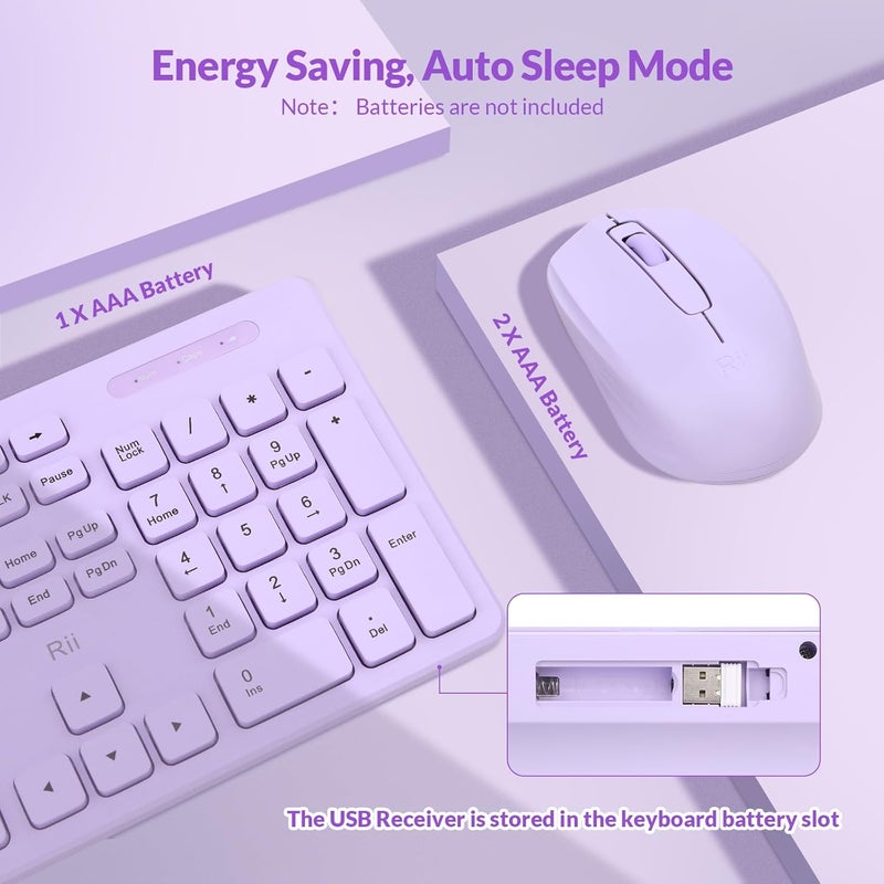 RII Wireless Keyboard and Mouse Combo - Standard Office PC Keyboard and Optical Wireless Mice (Purple) - Image 3